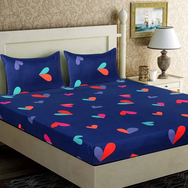 220TC_Elastic_Fitted_100%_Cotton_Feel_Printed_King_Size_Double_Bed_Bedsheet_with_2_Pillow_Cover_(72"x78"_Upto_6"_Mattress)_Blue-Heart